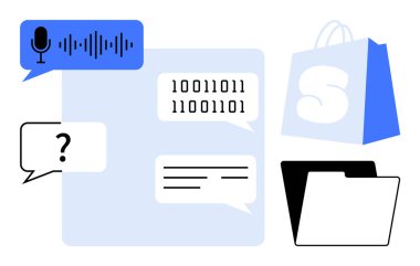 Ses dalgaları olan bir mikrofon ikonu, metin içeren konuşma baloncukları, alışveriş torbası ve klasör gibi çeşitli elementler. Dijital iletişim teknolojisi için ideal online alışveriş veri yönetimi