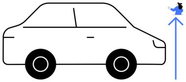 Sağ ve mavi okları yukarı doğru eğimli siyah bir araba. Navigasyon, ulaşım, seyahat, hareket, otomotiv temaları için ideal. Basit çizgiler, temiz tasarım, vektör biçimi