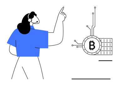 Mavi giyen biri devreli bir Bitcoin sembolünü işaret ediyor. Finans, kripto para birimi eğitimi, teknoloji, dijital yatırımlar, engelleme konseptleri için idealdir. Asgari grafik biçimi