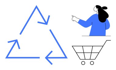 İşaret eden bir kadın, üç ok ve boş bir alışveriş arabasından yapılmış bir geri dönüşüm sembolü var. Çevre bilinci, sürdürülebilirlik, çevre dostu alışveriş, geri dönüşüm, atık yönetimi için ideal