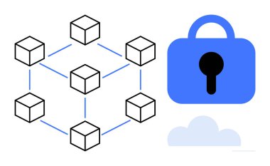 Birbirine bağlı küplerin işaretlenmesi bir blok zinciri ve veri güvenliğini sembolize eden mavi bir kilit. Teknoloji için ideal, siber güvenlik, engelleme zinciri, şifreleme, ağ güvenliği. Kıtır ve modern.