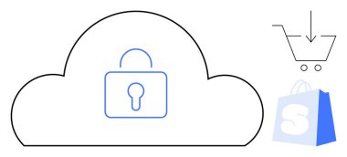 Kilitli bulut, bir alışveriş arabası ve bir alışveriş çantasıyla eşleştirilmiş güvenliği simgeler. Siber güvenlik, e-ticaret, online alışveriş, veri koruması ve bulut hizmetleri için ideal. Basit özet biçimi