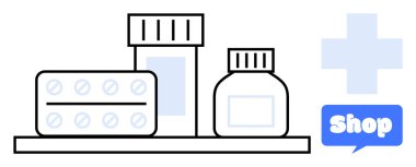 İlaç şişeleri ve rafta mavi haç ve alışveriş metni olan bir paket hap görülebiliyor. Çevrimiçi eczaneler için ideal tıbbi malzemeler sağlık hizmetleri e-ticaret eczacılık siteleri