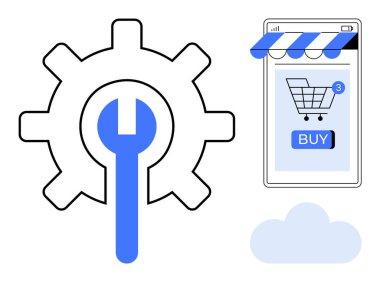 Alet ve ayarları temsil eden büyük mavi anahtar. Alışveriş arabalı akıllı telefon ekranı ve satın alma düğmesi. Altta bulut simgesi var. E-ticaret, uygulama geliştirme, online alışveriş ve bulut için ideal
