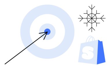 Hedef, ok ve alışveriş çantasıyla kar tanesinin yanında. Pazarlama, alışveriş, kış satışları, e-ticaret, tatil satışları için ideal. Basit minimalist stil