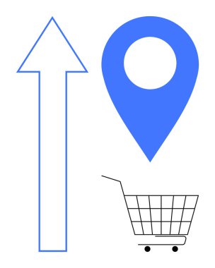 Mavi ok yukarı, konum broşu ve siyah çizgili alışveriş arabası yön bulma, konum ve alışverişi temsil ediyor. Teslimat, çevrimiçi alışveriş, e-ticaret, haritalar ve perakende temaları için ideal