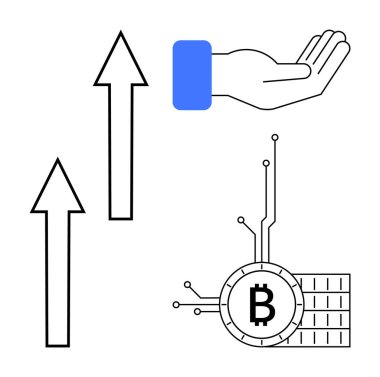 Yukarı bakan iki ok, mavi kollu açık bir el ve devreli bir Bitcoin sembolü. Finansal büyüme, kripto para birimi, teknoloji, yatırımlar, ekonomik trendler için ideal. Basit satır sanatı