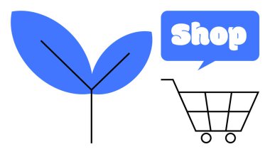 Blue leaf next to a black shopping cart with a blue speech bubble containing the word Shop in white letters. Ideal for promoting eco-friendly shopping sustainability retail market environmental clipart