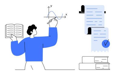 Bir kişi, yakınlarda doküman ve makbuz bulunan bir kitapla matematik grafiği üzerinde çalışıyor. Eğitim, finans, analiz, araştırma ve organizasyon temaları için idealdir. Modern minimalist stil