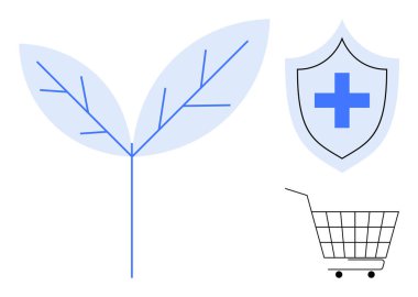 Blue leaves, a health shield with a cross, and a shopping cart focus on eco-friendly shopping and health concepts. Ideal for health, eco-consciousness, sustainability, online shopping, natural clipart