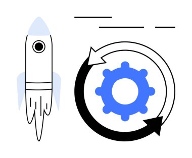 Oklarla çevrili dönen bir dişlinin yanında roket, yenilik, otomasyon, ilerleme ve başlangıç ilkelerini simgeliyor. Çizgi film tarzı. Teknoloji, iş planlaması, iş akışı, girişimler için ideal