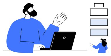 Dizüstü bilgisayarı olan biri el kol hareketi yaparken, diğeri akış şemasını işaret ediyor. İletişim, online toplantılar, proje planlaması, sunumlar ve takım çalışması için ideal. Renk paleti mavi, siyah