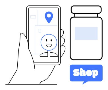 El ele tutuşan akıllı telefon, harita uygulaması, yüz iğnesi ve mavi işaret. Bitişiğinde bir ilaç şişesi ikonu ve mavi bir dükkan etiketi var. Çevrimiçi alışveriş, eczane hizmetleri, navigasyon için ideal