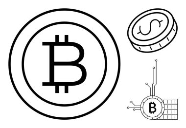 Bozuk paraların siyah-beyaz çizimi ve dolar sembolleri devre çizgileri ile blok zinciri teknolojisi, kripto para birimi, dijital işlemler, finansal teknoloji ve modern finans için idealdir