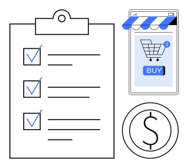 Kontrol listeli pano, alışveriş arabalı akıllı telefon, satın alma düğmesi ve dolar para birimi sembolü. E-ticaret, çevrimiçi alışveriş, finans, görev yönetimi, dijital ödemeler için ideal. Basit ve temiz.
