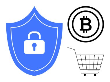 Asma kilit, Bitcoin sembolü ve alışveriş arabası olan bir kalkan. Siber güvenlik, e-ticaret, kripto para birimi güvenliği, dijital işlem güvenliği, çevrimiçi koruma temaları için ideal. Basit düz biçim