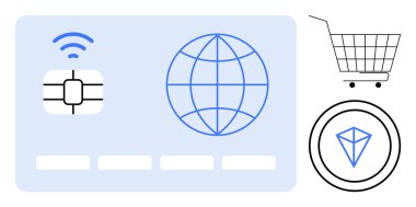 Alışveriş konsepti. Bir kredi kartı, bir alışveriş arabası ve kripto para ikonu. E-ticaret, dijital ödemeler, çevrimiçi alışveriş, fintech çözümler ve finansal teknoloji için ideal