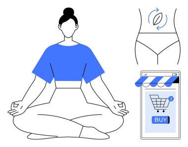 A woman in a meditative yoga pose. Nearby are symbols of weight loss tracking and online shopping. Ideal for wellness e-commerce yoga meditation fitness healthy lifestyle calm mind clipart