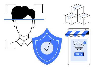 Yüz tanıma sistemi, güvenlik kalkanı, seyyar ekranda alışveriş arabası ve istiflenmiş kutular. E-ticaret güvenliği, çevrimiçi alışveriş kolaylığı, dijital işlemler, lojistik için ideal