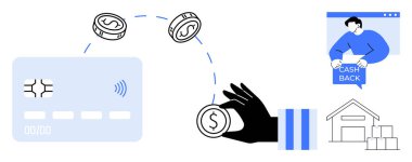 Kredi kartının yanında bozuk para, çipler, bozuk paralar, nakit konuşma balonu olan kişi ve kutuları olan bir mağaza. Çevrimiçi ödemeler, e-ticaret, nakit teklifleri, dijital cüzdanlar, finansal