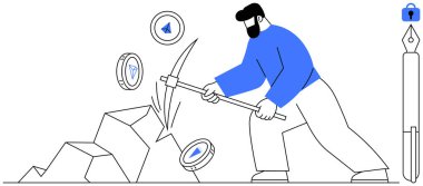 Siyah sakallı bir adam mavi kazak giyiyor. Kayalardan para çıkarmak için kazma kullanıyor. Dairesel paralar etrafta yüzer. Kalem ve kilit sembolleri yakınlarda. Kripto para birimi, güvenlik ve finans için ideal
