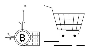 Minimalist bir alışveriş arabasının yanındaki elektronik devrelerle bağlantılı bir Bitcoin sembolünün dijital temsili. Şifreleme, çevrimiçi alışveriş, fintech, dijital işlemler için ideal