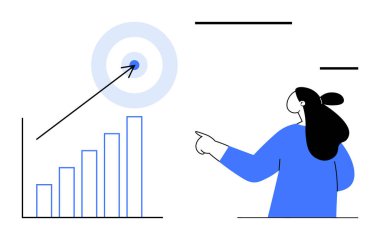 Yükselen bir çubuk grafiği hedef alan bir ok ile gösteren bir kişi. Ticari başarı, hedef belirleme, veri analizi, verimlilik ve stratejik planlama için idealdir. Modern düz çizgi film tarzı