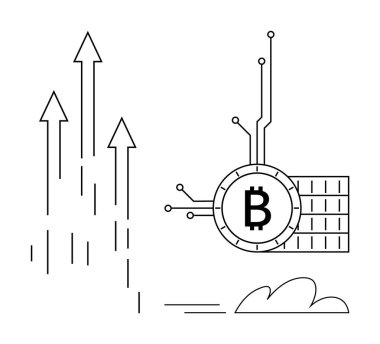 Büyümeyi ya da yükselen eğilimleri gösteren dört ok içeren grafikler. Bitişiğinde devre çizgilerine bağlı bir Bitcoin sembolü var, engelleme teknolojisini temsil ediyor. Finansal kavramlar için ideal