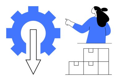 Aşağı doğru ok ve istiflenmiş kutuları olan mavi dişliyi gösteren bir kadın. Lojistik, işlem yönetimi, tedarik zinciri, organizasyon ve üretkenlik temaları için ideal. Basit satır ve düz biçim