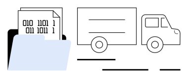 Binary data file inside a folder with outline of delivery truck suggesting data transfer and logistics. Both elements have simplified, minimalistic design in light blue and black tones. Ideal for clipart