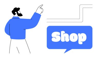 Mavi tişörtlü, sakallı bir adam mavi bir konuşma balonunu işaret ediyor ve içinde 