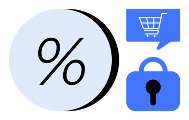 Kilit ikonlu konuşma balonunda büyük bir sembol ve alışveriş arabası. E-ticaret, güvenlik, online alışveriş, indirimler ve promosyonlar için ideal. Modern, basit, temiz bir tarz.