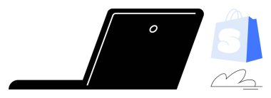 Mavi beyaz bir alışveriş çantasının yanına yerleştirilmiş minimalist siyah bir laptop. Çevrimiçi iş, e-ticaret, alışveriş, dijital pazarlama, web geliştirme ve uzaktan çalışma temaları için idealdir. Basit düz