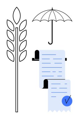 Buğday sapı, şemsiyesi ve belgesi olan stilize bir çizim tarım güvenliğini ön plana çıkarıyor. Çiftçilik politikaları, sigorta, risk yönetimi, gıda üretimi, sürdürülebilirlik için ideal. Modern, temiz