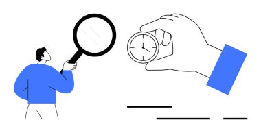 Büyüteç tutan ve kronometreyi tutan kişi. Basit çizgiler ve şekillerle mavi ve beyaz renk şeması. Zaman yönetimi verimliliği araştırma verimliliği ve odak temaları için ideal