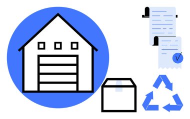 Grafikler bir depo, kontrol listesi, karton kutu ve geri dönüşüm sembolü olan belgeler gösteriyor. Depo yönetimi, nakliye, geri dönüşüm, belge işleme ve lojistik operasyonlar için ideal. Düz
