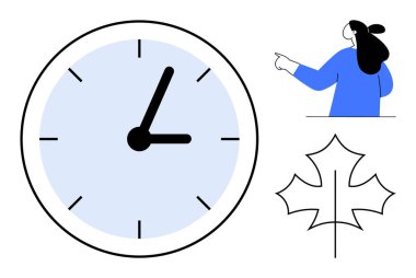 Büyük saat zamanı gösteriyor, mavili kadın işaret ediyor, ve siyah beyaz bir yaprak çizgisi. Zaman yönetimi, doğa, mevsimler, rehberlik ve minimalizm temaları için ideal