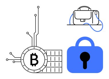 Devre çizgileri, dijital cüzdanı ve mavi asma kilidi olan bitcoin sembolü. Engelleme zinciri, kripto para birimi, dijital finans, çevrimiçi güvenlik ve fintech konuları için ideal. Temiz çizgileri olan minimalist bir tarz.