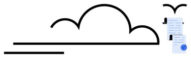 Black line cloud with two flying birds carrying a blue document featuring check marks and seals. Ideal for digital documentation, cloud storage, data security, online verification, and electronic clipart