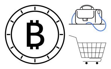 Saat çemberinde Bitcoin sembolü, bir evrak çantası ve bir alışveriş arabası. Kripto para, finans, iş, e-ticaret ve modern alışveriş konularını vurgular. Basit satır sanatı tarzı
