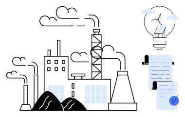 Industrial factory with smoke stacks and two coal piles. To the right is a light bulb with a solar panel and wind turbine inside, along with a document featuring a blue checkmark. Ideal for clipart