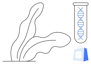 Basit siyah çizgiler yapraklı bir bitki oluşturur. Sağda DNA ipliği olan bir test tüpü var. Aşağıda dijital bir alışveriş çantası var. Genetik, biyoteknoloji, e-ticaret, bitki biyolojisi ve eğitim için ideal
