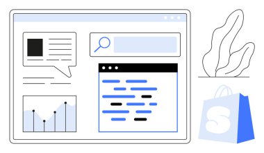 Grafik çizelgesi, sohbet balonu, arama çubuğu ve kod bölümü olan bir web sayfası arayüzü. Mavi alışveriş çantası ve soyut bitki dahil. Veri yönetimi, kodlama, e-ticaret ve arama optimizasyonu için ideal
