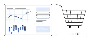 Alışveriş arabalı dijital grafik ve çizelge. E-ticaret, veri analizi, iş stratejisi, teknoloji ve çevrimiçi alışveriş temaları için ideal. Minimalist stil, temiz hatlar