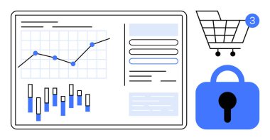 Grafikler, çizelgeler, tebligatlı alışveriş arabası ve kilit simgesi sergileniyor. İş analizleri, veri görselleştirme, e-ticaret, çevrimiçi alışveriş, veri güvenliği, istatistiksel analiz için ideal