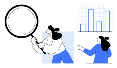 Verileri inceleyen iki karakter. Biri bir büyüteç tutarken diğeri bir çubuk grafiğini işaret ediyor. İş analizi, araştırma, sunumlar, veri yorumlaması ve eğitim amaçları için ideal