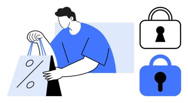 Mavi gömlekli bir adam, elinde indirim sembolü olan bir alışveriş çantası tutuyor. Çevrimiçi alışveriş güvenliği tanıtımları, perakende indirimleri ve veri koruması konuları için ideal asma kilit simgeleri. Modern.