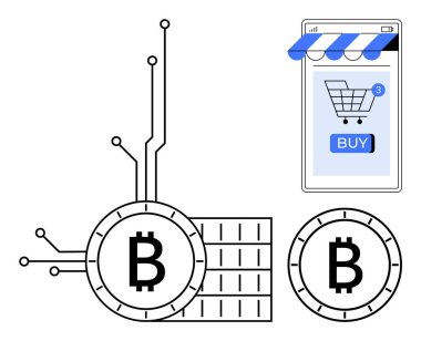 Akıllı telefonun yanında dijital devreleri olan bitcoin sembolleri bir alışveriş arabası simgesi ve bir satın alma düğmesi sergiliyor. E-ticaret, kripto para birimi, dijital finans, çevrimiçi alışveriş, dijital ticaret için ideal