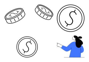 Dolar simgeleriyle yüzen paraları gösteren bir kadın. Finansal kavramlar, tasarruflar, yatırımlar, ekonomik büyüme ve zenginlik yönetimi için ideal. Minimalist, siyah ve mavi vektör sanatı