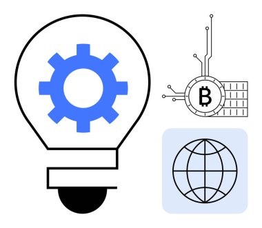 Aletli ampul, şifreli para birimi Bitcoin sembolü ve ağ çizgileri olan dünya. Teknoloji, yenilik, kripto para birimi, engelleme zinciri ve küresel bağlantı temaları için idealdir. Temiz minimalistik